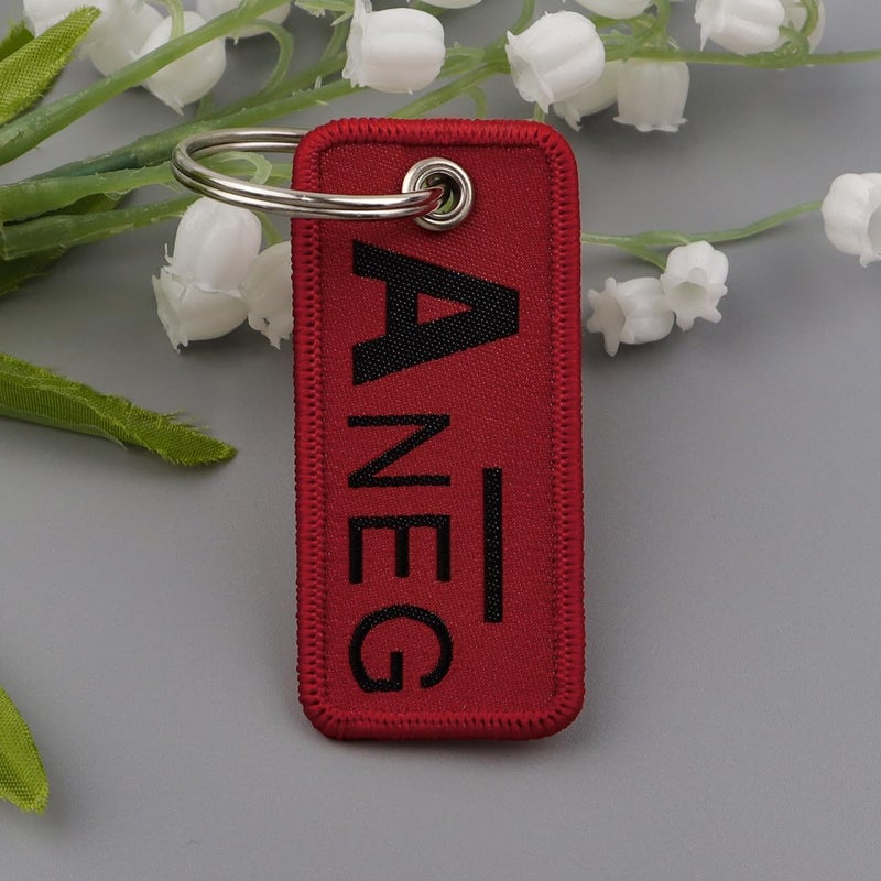 1 PCS Blood Type NEG Keychain Tag, Red Canvas Label, 2.56 x 1.22 inches (A-)